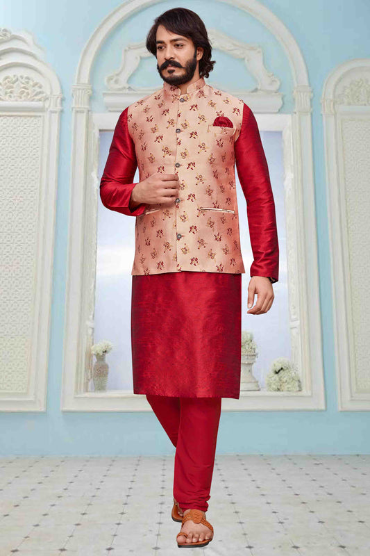 Red Colour Kurta Pajama With Jacket In Art Silk VSKP1210331
