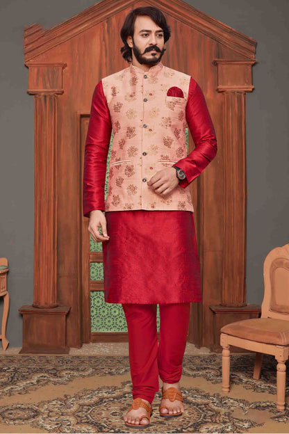 Red Colour Kurta Pajama With Jacket In Art Silk VSKP1210332