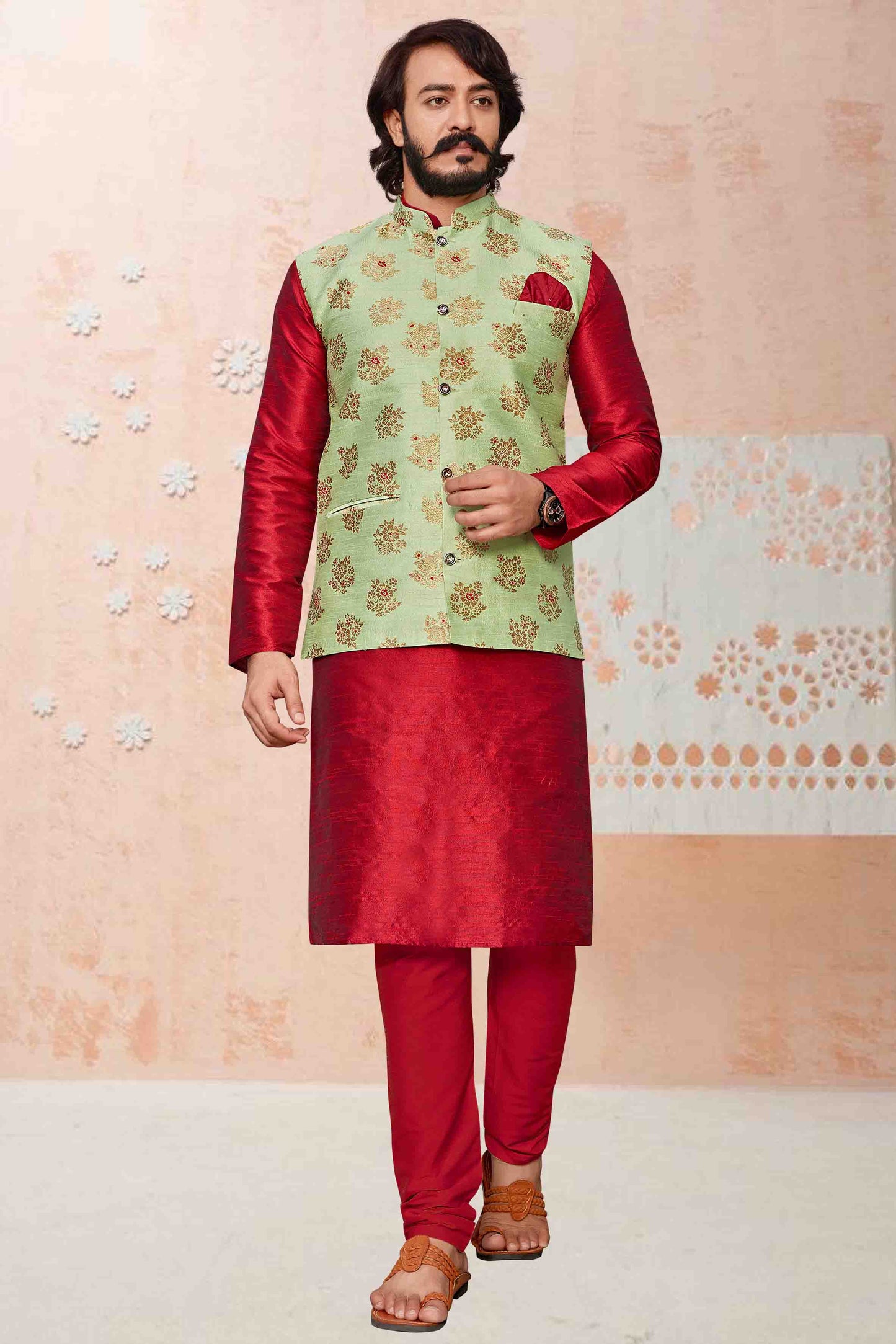Red Colour Kurta Pajama With Jacket In Art Silk VSKP1210333