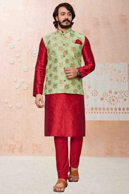 Red Colour Kurta Pajama With Jacket In Art Silk VSKP1210333