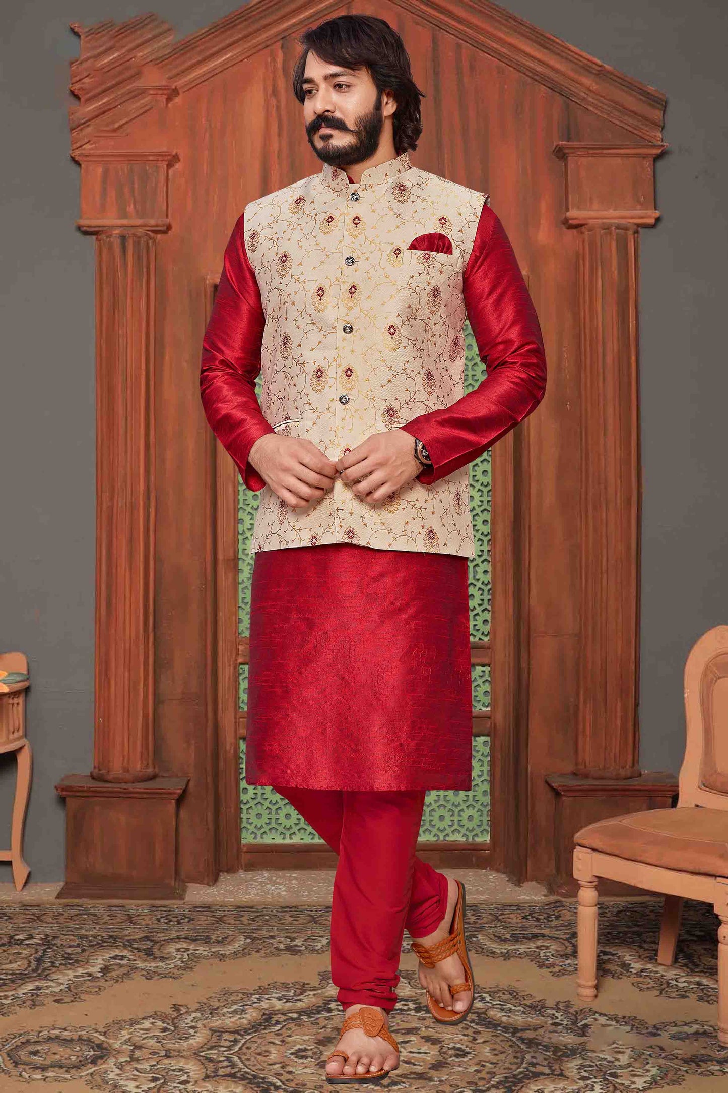 Red Colour Kurta Pajama With Jacket In Fancy Silk VSKP1210344