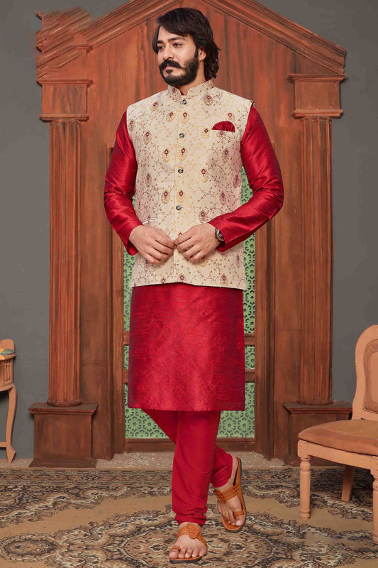 Red Colour Kurta Pajama With Jacket In Fancy Silk VSKP1210344