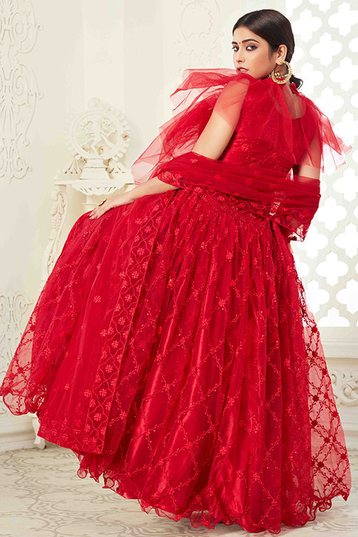 Red Colour Net Designer Lehenga Choli VSLC1240032