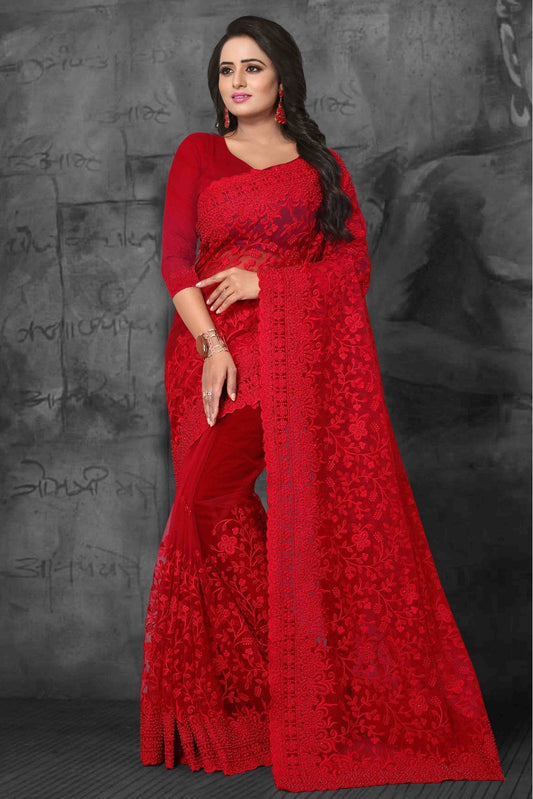 Red Colour Net Designer Saree VSSD1090036