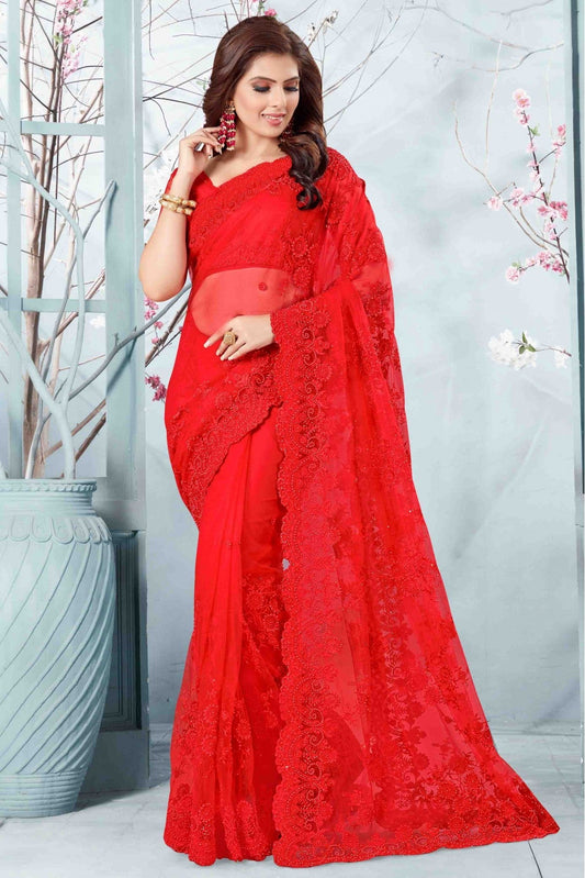 Red Colour Net Designer Saree VSSD1090050