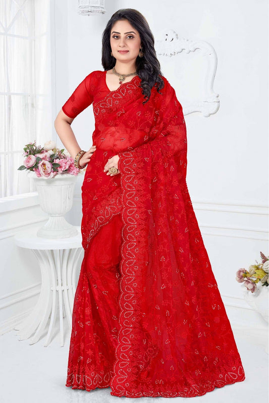 Red Colour Net Designer Saree VSSD1090341