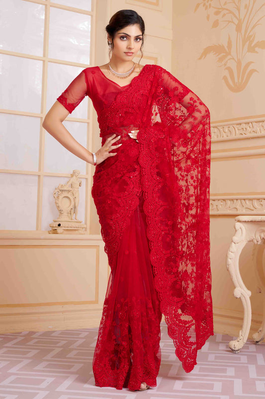 Red Colour Net Designer Saree VSSD1090472