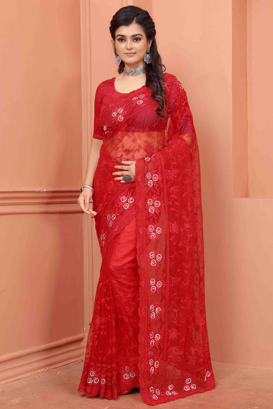 Red Colour Net Designer Saree VSSD1090512