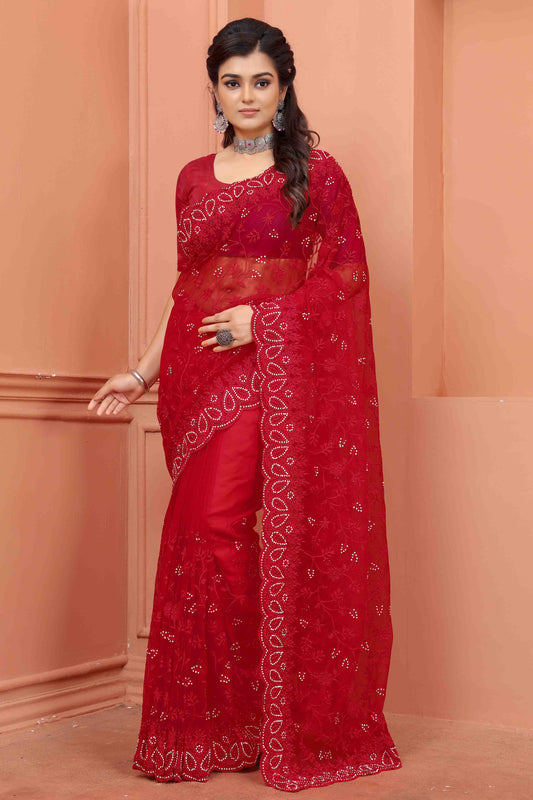 Red Colour Net Designer Saree VSSD1090517