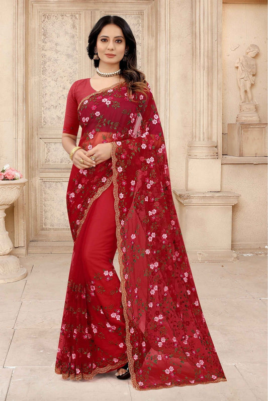 Red Colour Net Embroidery Saree VSSD1090310