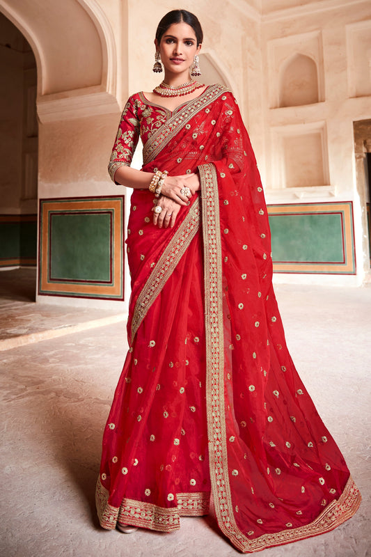 Red Colour Organza Zari Work Saree