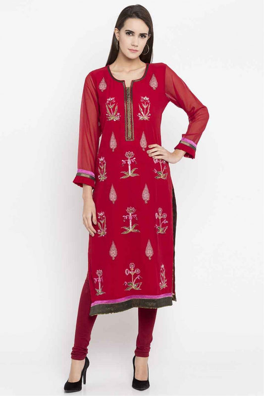 Red Colour Plus Size Faux Georgette Embroidery Kurti