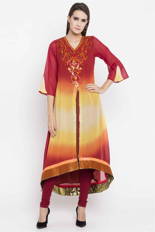 Red Colour Plus Size Faux Georgette Embroidery Kurti
