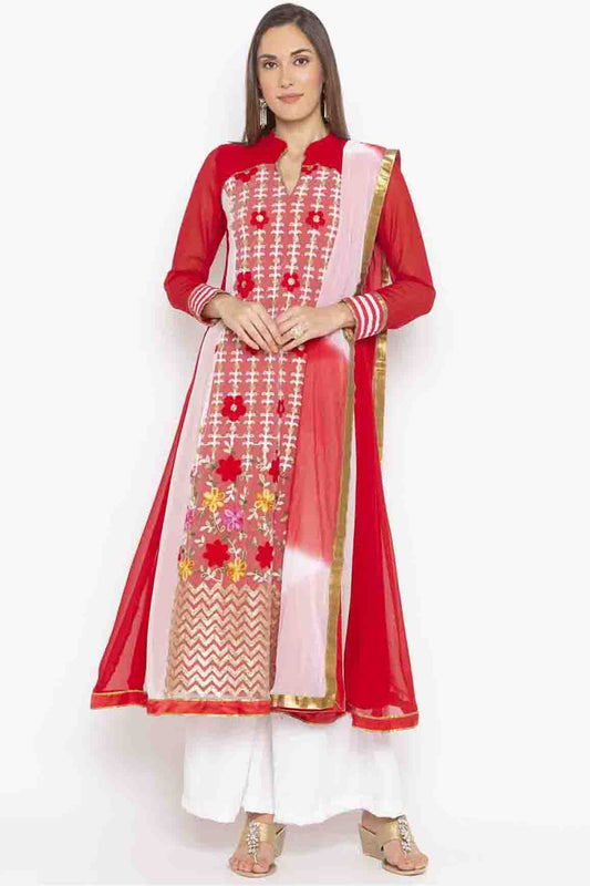 Red Colour Plus Size Stitched Georgette Embroidery Palazzo Pant Suit VSSS1070220