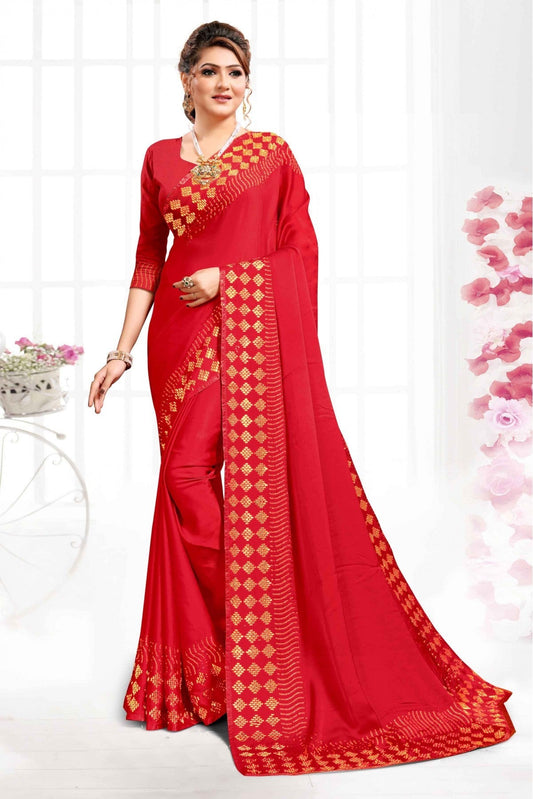 Red Colour Pure Satin Swarovski Work Saree VSSD1120335