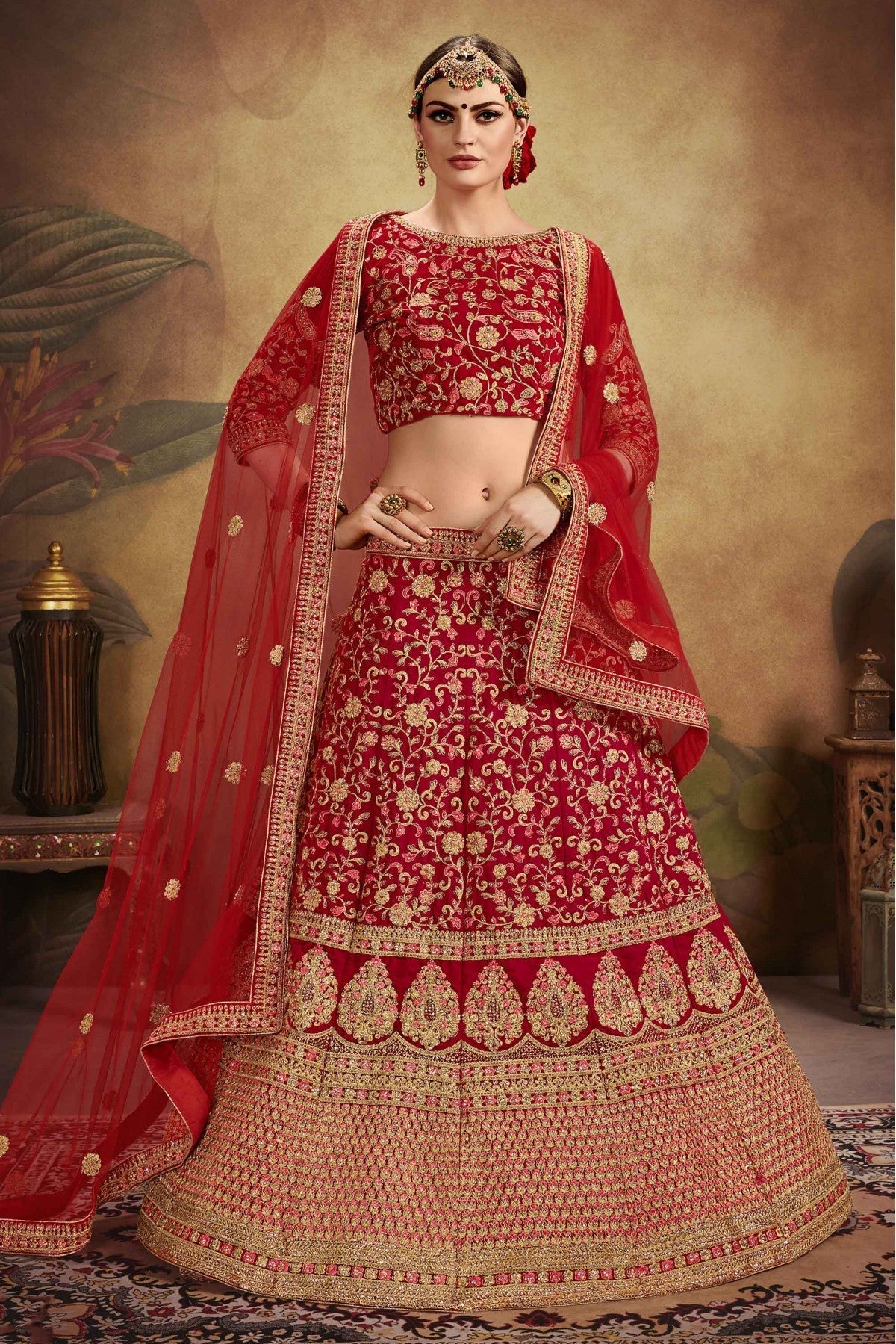 Red Colour Pure Velvet Embroidery Lehenga Choli VSLC1080209