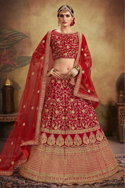 Red Colour Pure Velvet Embroidery Lehenga Choli VSLC1080209