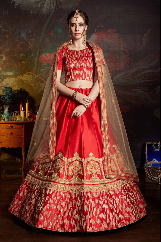 Red Colour Satin Embroidery Lehenga Choli VSLC1080461