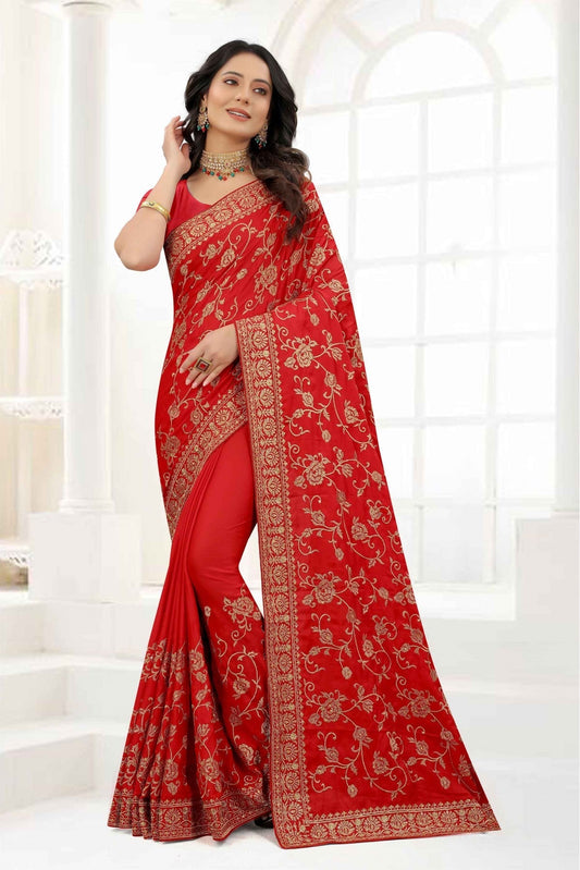Red Colour Satin Silk Embroidery Saree VSSD1090325