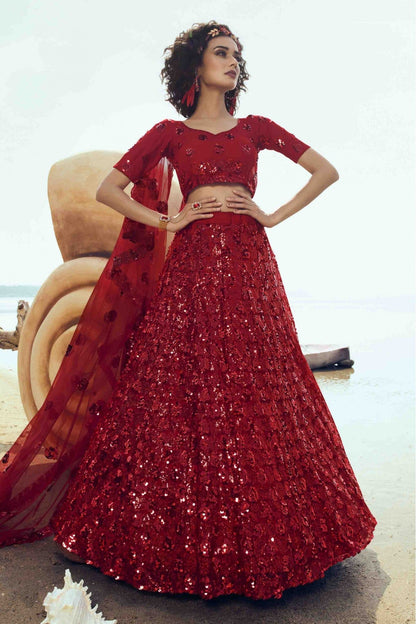 Red Colour Soft Net Embroidery Lehenga Choli VSLC1080393
