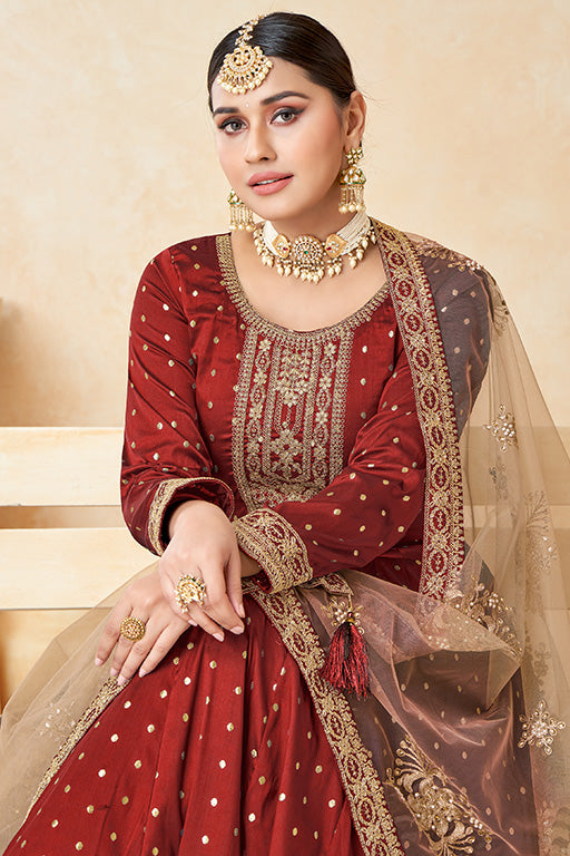 Red Colour Taffeta Silk Anarkali Suit VSSM1050352