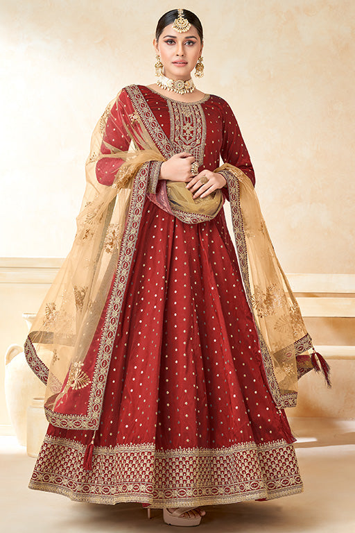 Red Colour Taffeta Silk Anarkali Suit VSSM1050352