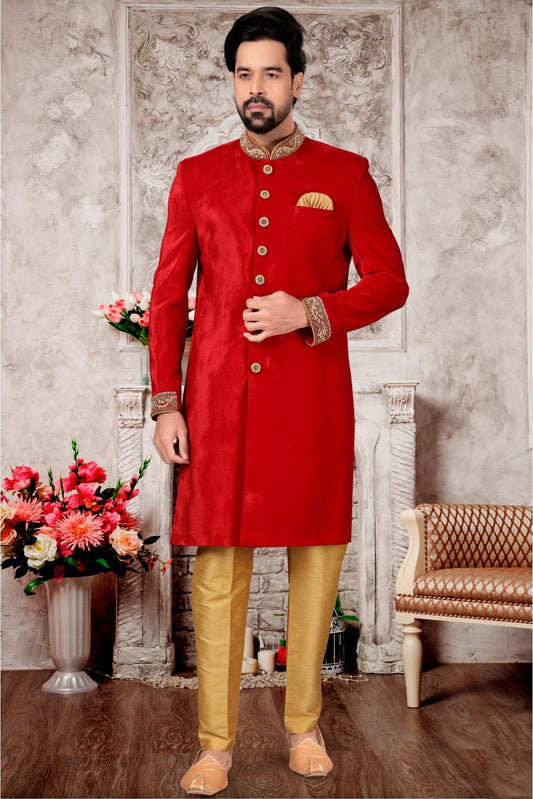 Red Colour Velvet Sherwani VSSH1040305
