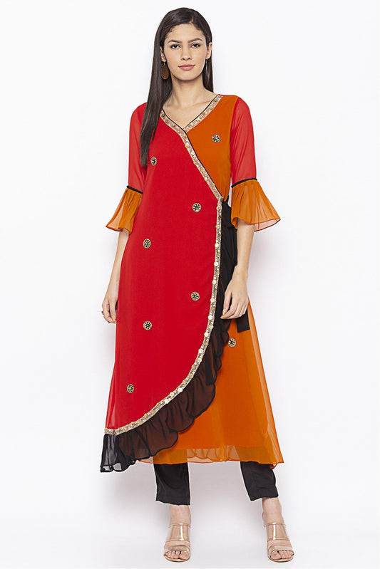 Red and Mustard Colour Plus Size Georgette Embroidery Kurta Set VSKR1070670