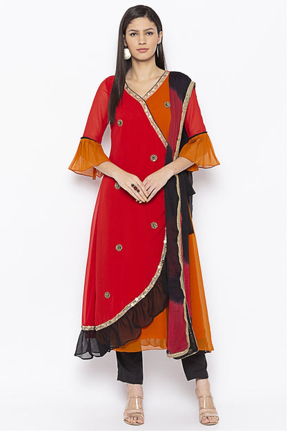 Red and Mustard Colour Plus Size Georgette Embroidery Pant Style Suit VSSS1070312
