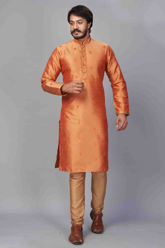Rust Orange Colour Kurta Pajama In Jacquard Silk VSKP1210053