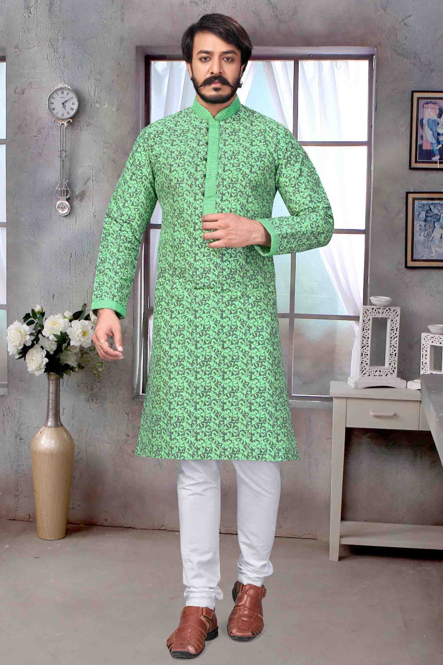 Sea Green Colour Kurta Pajama In Jacquard Silk VSKP1210070