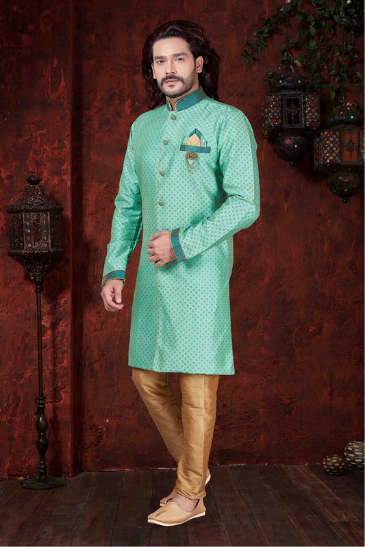 Sea Green Colour Kurta Pajama In Jarna Print Fabric VSKP1040034
