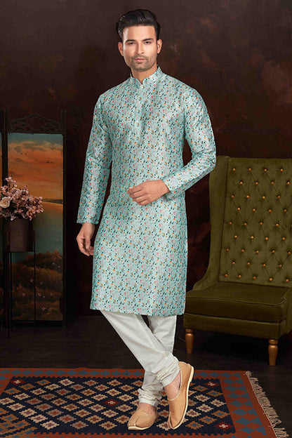 Sea Green Colour Kurta Pajama In Malai Silk VSKP1210154