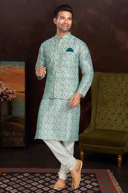 Sea Green Colour Kurta Pajama With Jacket In Malai Silk VSKP1210437