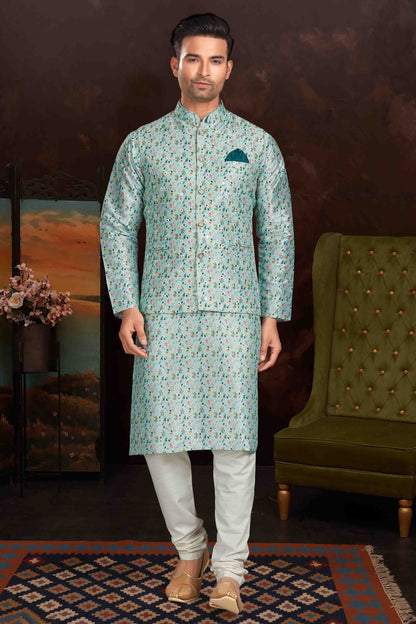 Sea Green Colour Kurta Pajama With Jacket In Malai Silk VSKP1210437