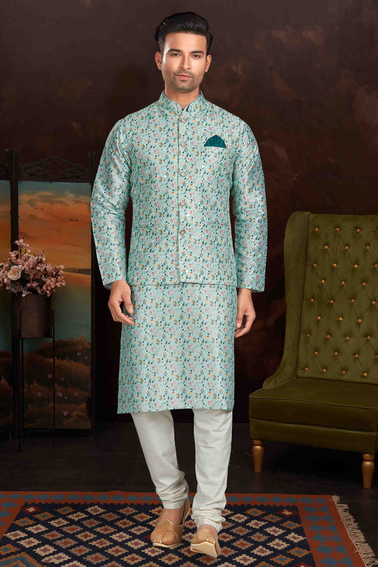Sea Green Colour Kurta Pajama With Jacket In Malai Silk VSKP1210437