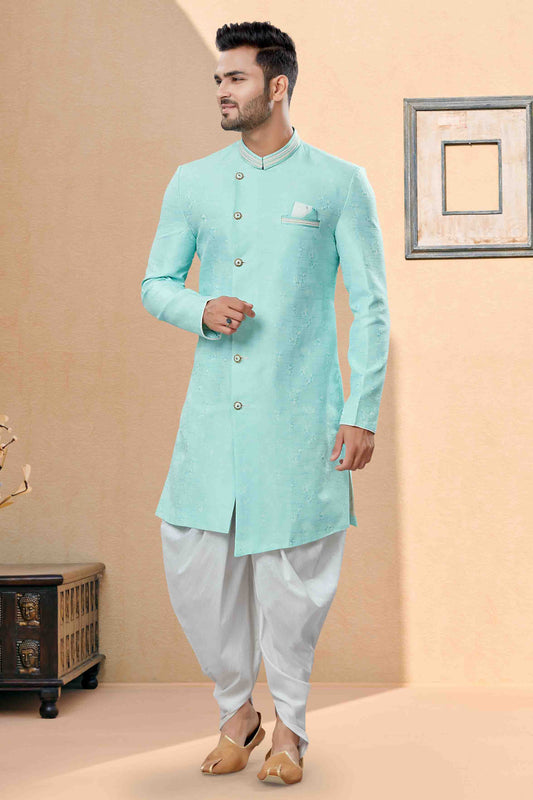 Sky Blue Colour Dhoti Sherwani In Banarasi Jacquard Fabric VSSH1040395