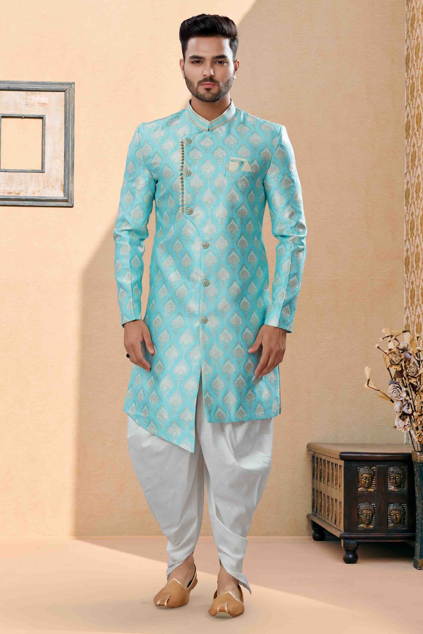 Sky Blue Colour Dhoti Sherwani In Banarasi Jacquard Fabric VSSH1040400