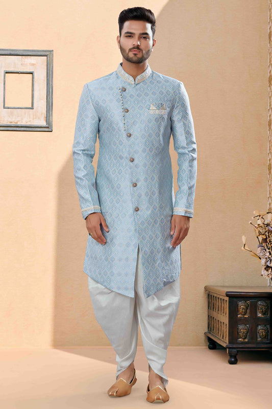 Sky Blue Colour Dhoti Sherwani In Banarasi Jacquard Fabric VSSH1040432