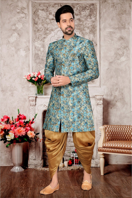Sky Blue Colour Jacquard Dhoti Sherwani VSSH1040281