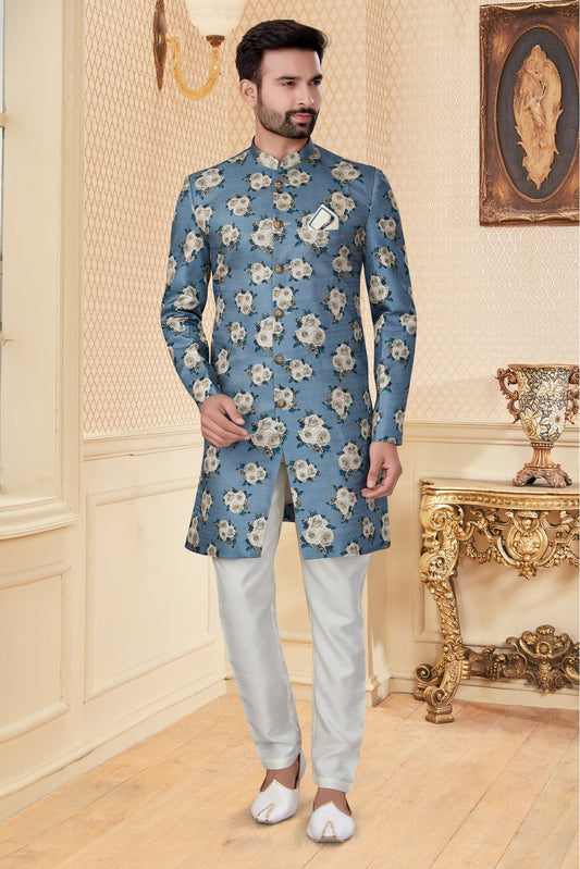 Sky Blue Colour Jacquard Sherwani VSSH1040253