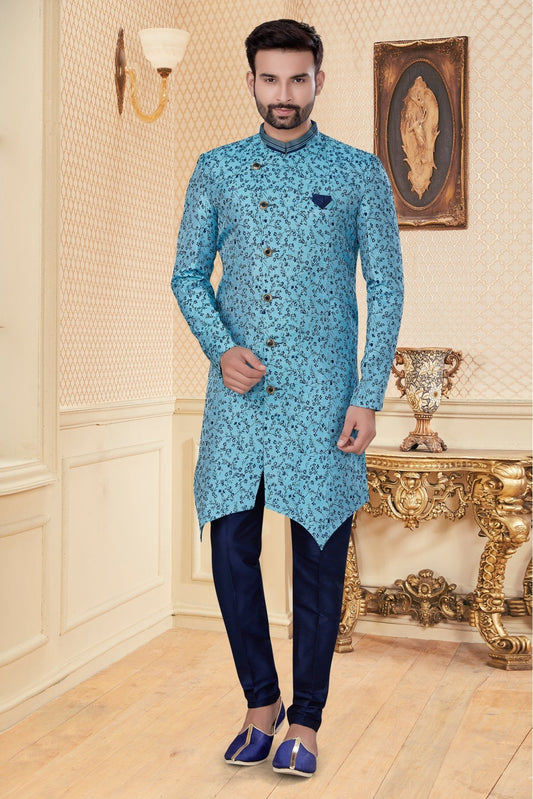 Sky Blue Colour Jacquard Sherwani VSSH1040269