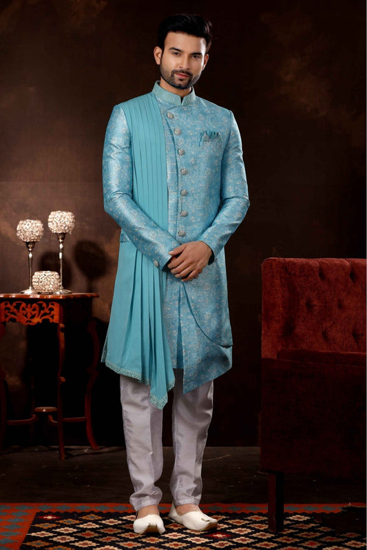 Sky Blue Colour Jacquard Sherwani VSSH1040375