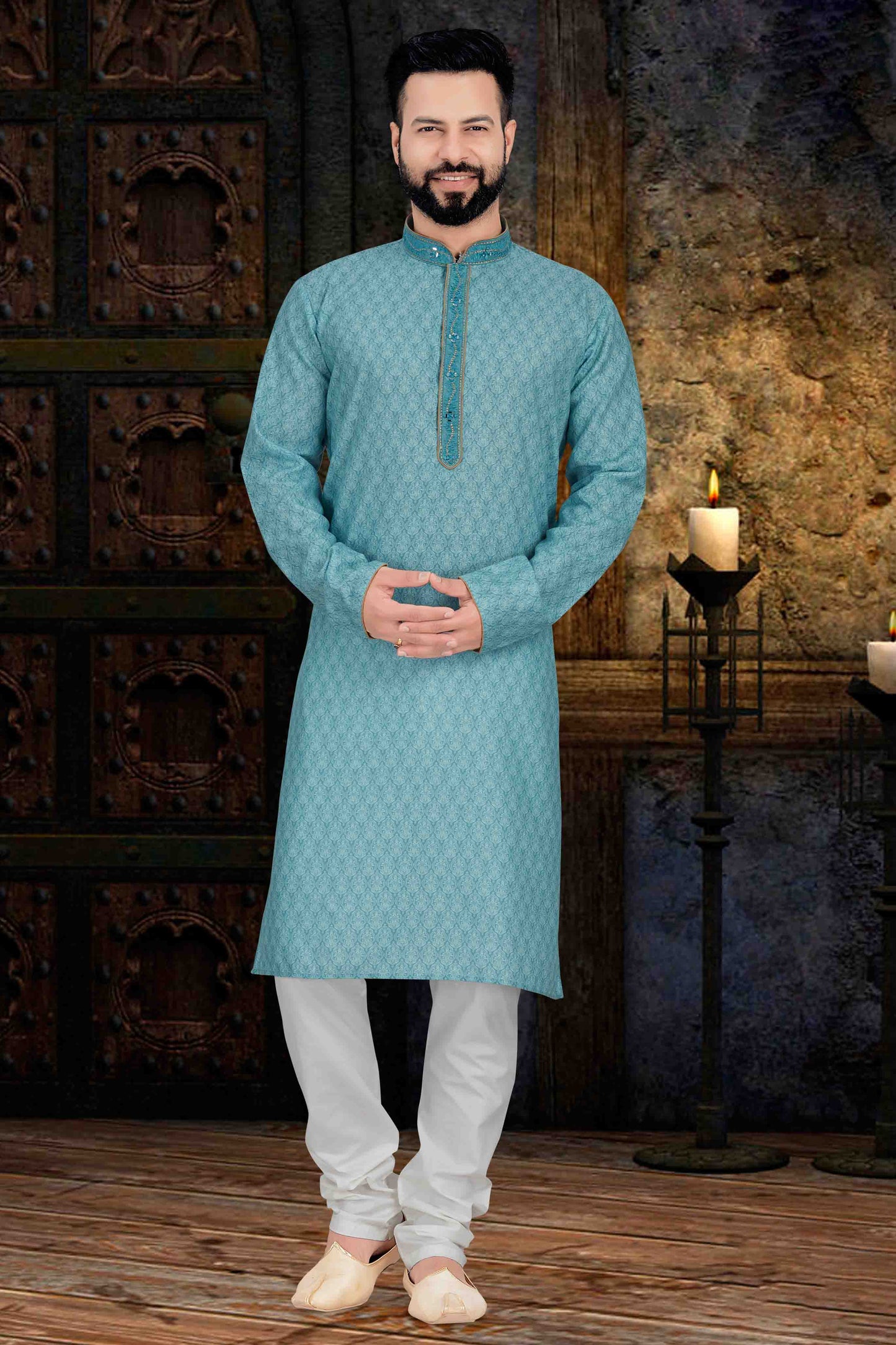 Sky Blue Colour Kurta Pajama In Cotton VSKP1210108