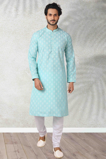 Sky Blue Colour Kurta Pajama In Cotton VSKP1210114