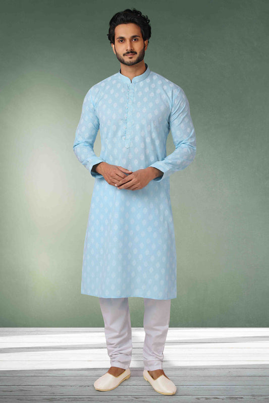 Sky Blue Colour Kurta Pajama In Cotton VSKP1210116