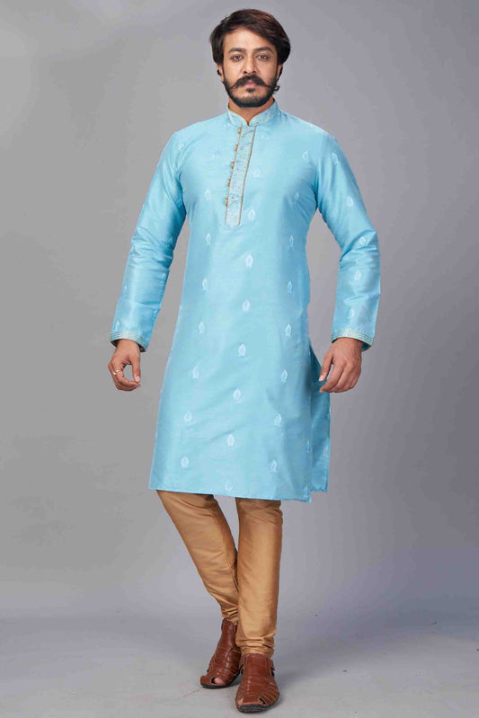 Sky Blue Colour Kurta Pajama In Jacquard Silk VSKP1210055