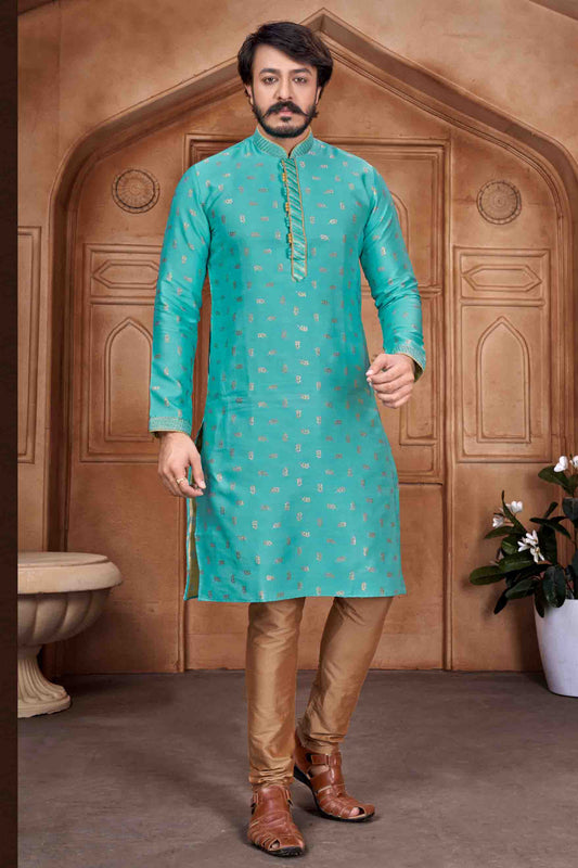 Sky Blue Colour Kurta Pajama In Jacquard Silk VSKP1210064