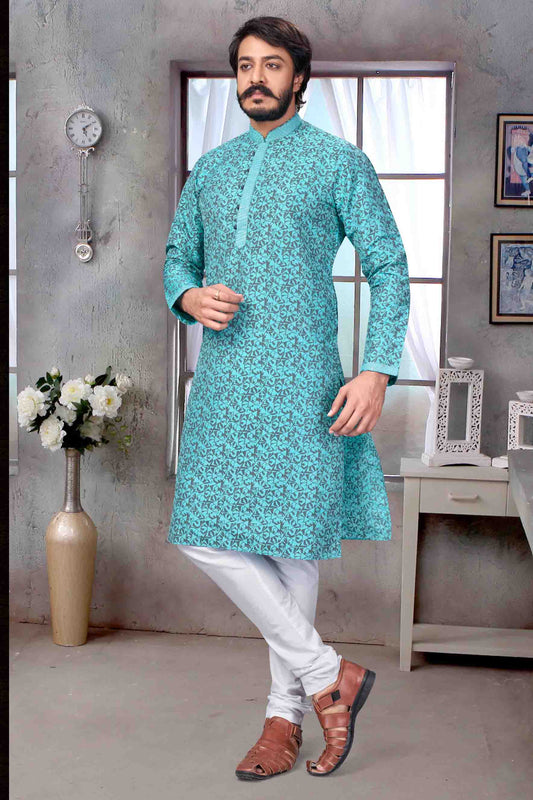 Sky Blue Colour Kurta Pajama In Jacquard Silk VSKP1210074
