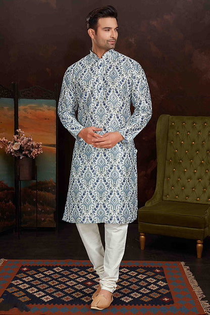 Sky Blue Colour Kurta Pajama In Malai Silk VSKP1210156